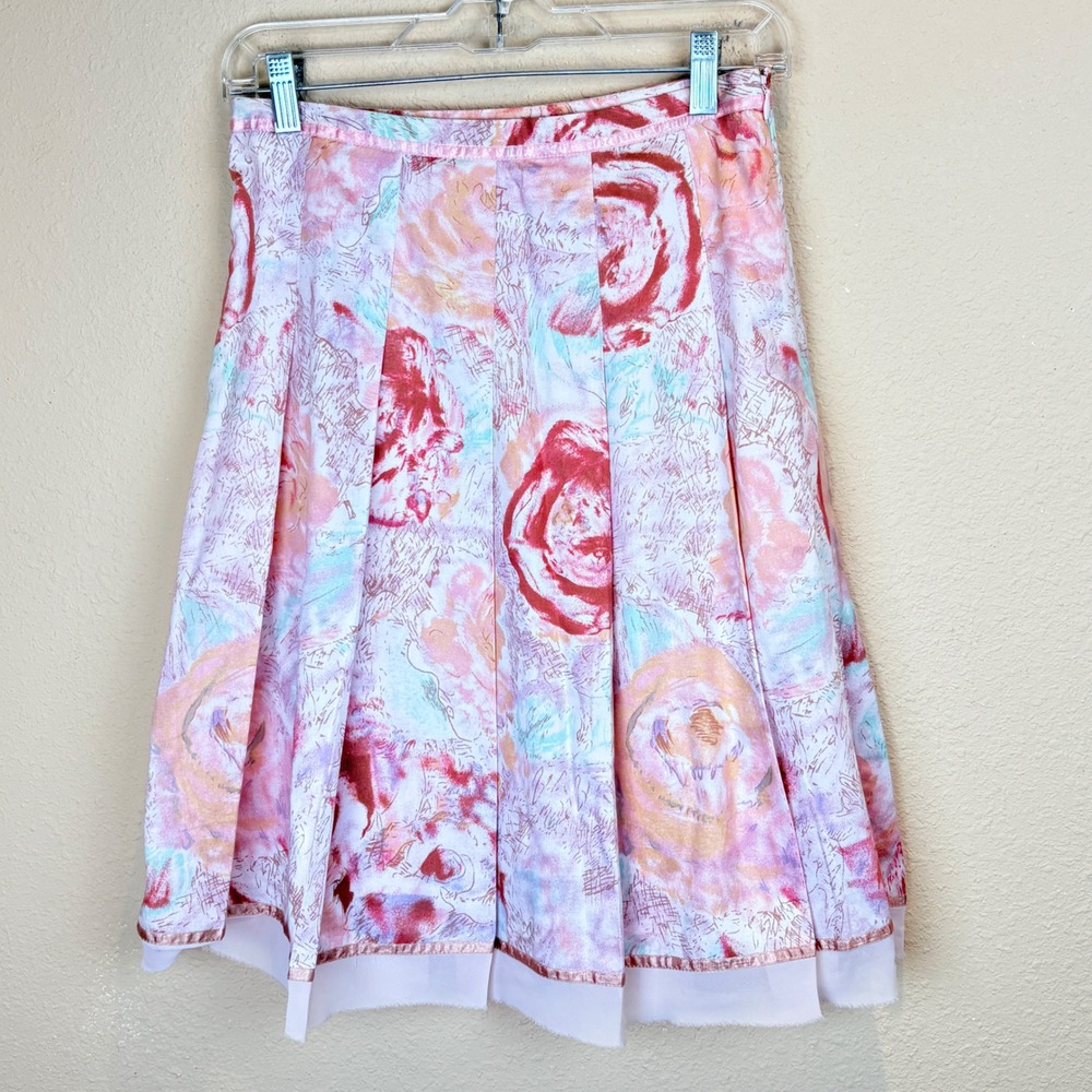 Odille Anthropologie Women 0 Skirt Pink Floral Pleated Watercolor Cotton A-Line